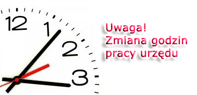 zdjecie przedstawia zegar tarczowy i napis zmiana godzin pracy