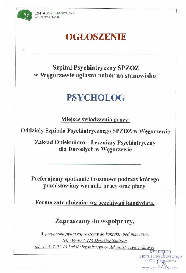 Ogłoszenie Węgorzewo- psycholog 18.07.2024r